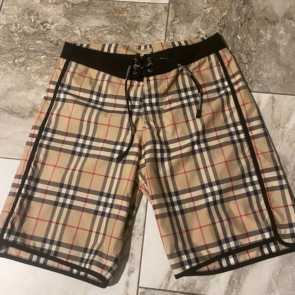 Burberry Beige and Black Checkered Bathing Suit Shorts